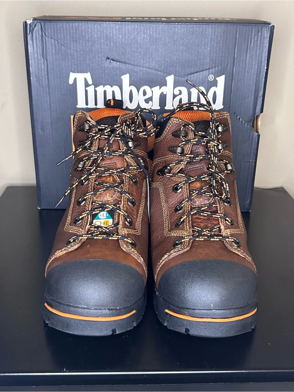 Timberland PRO Men's Brown and Black Leather Work Boots with Orange Accents